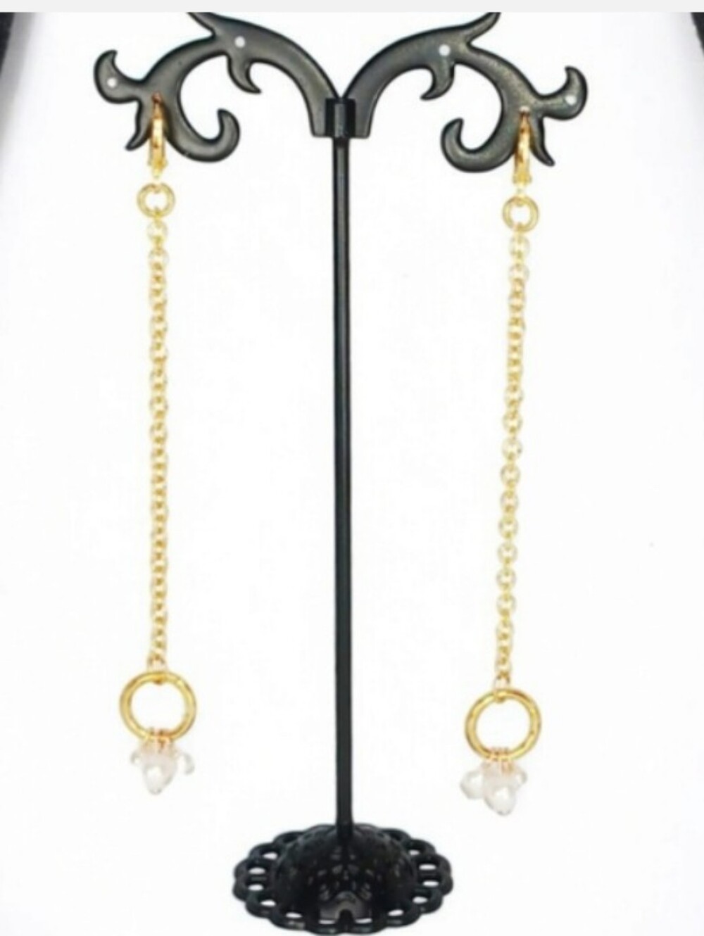 Gold Pearl Linear Drop Huggie Hoop Earrings Shoulder Dusters Mod 60s Retro Glam